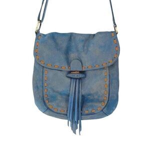 Carla Mancini Womens Flap Fringe Boho Leather Crossbody‎ Bag Blue Medium